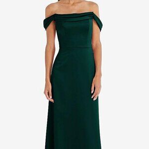 Dessy 3079....Draped Pleat Off-the-Shoulder Maxi Dress....Evergreen...Sz 0